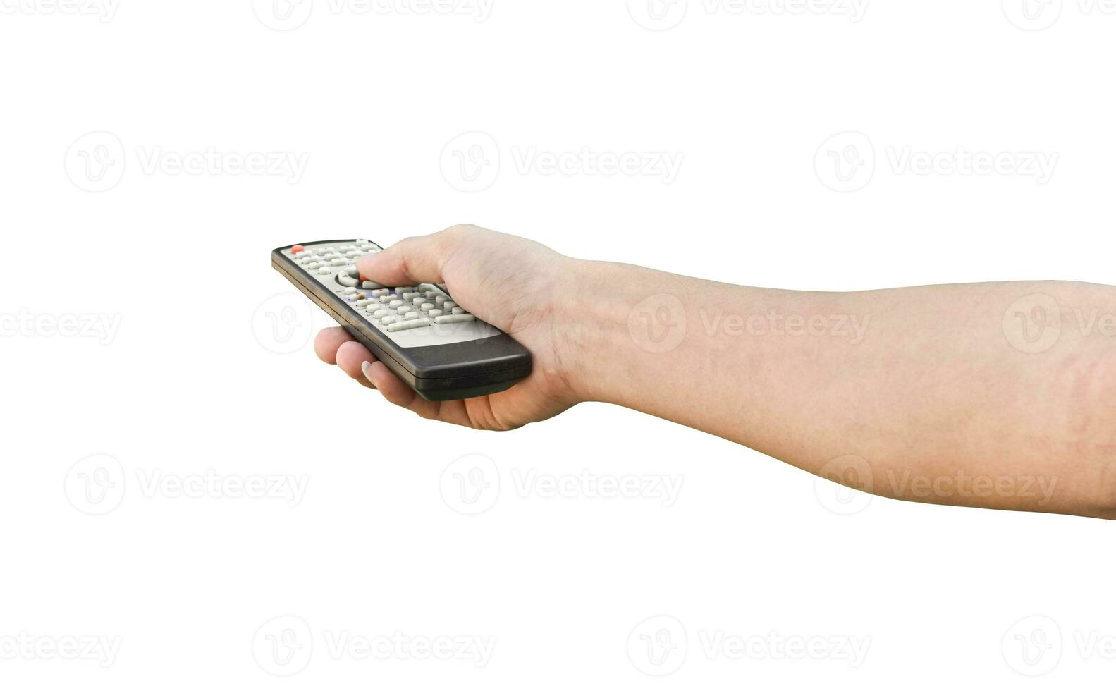 Hand holding television remote control, isolated on white background with clipping path. photo