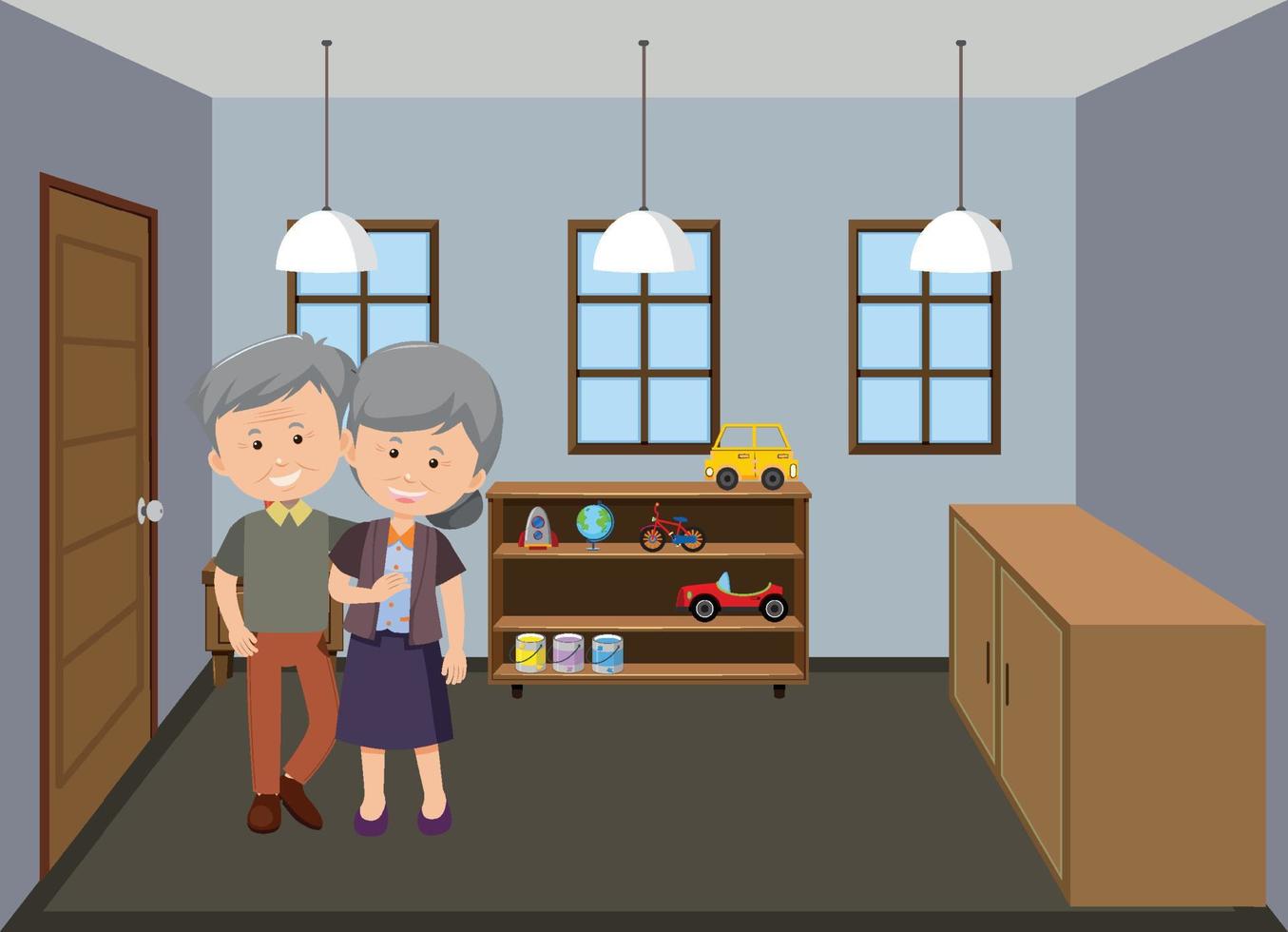 Living room scene with an old couple in cartoon style vector