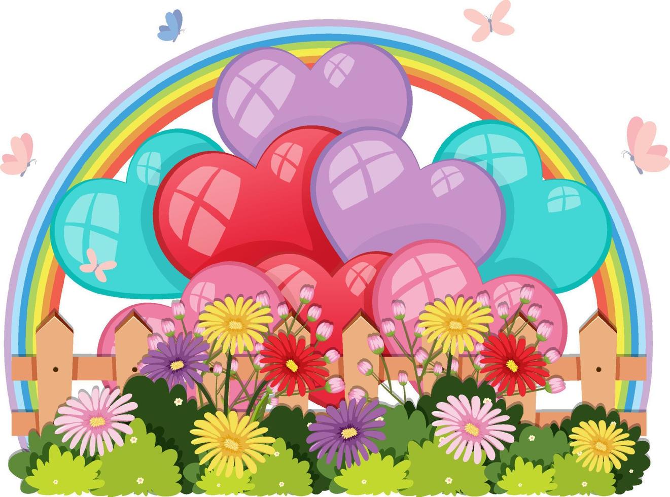 Colourful hearts with flower fences and rainbow vector