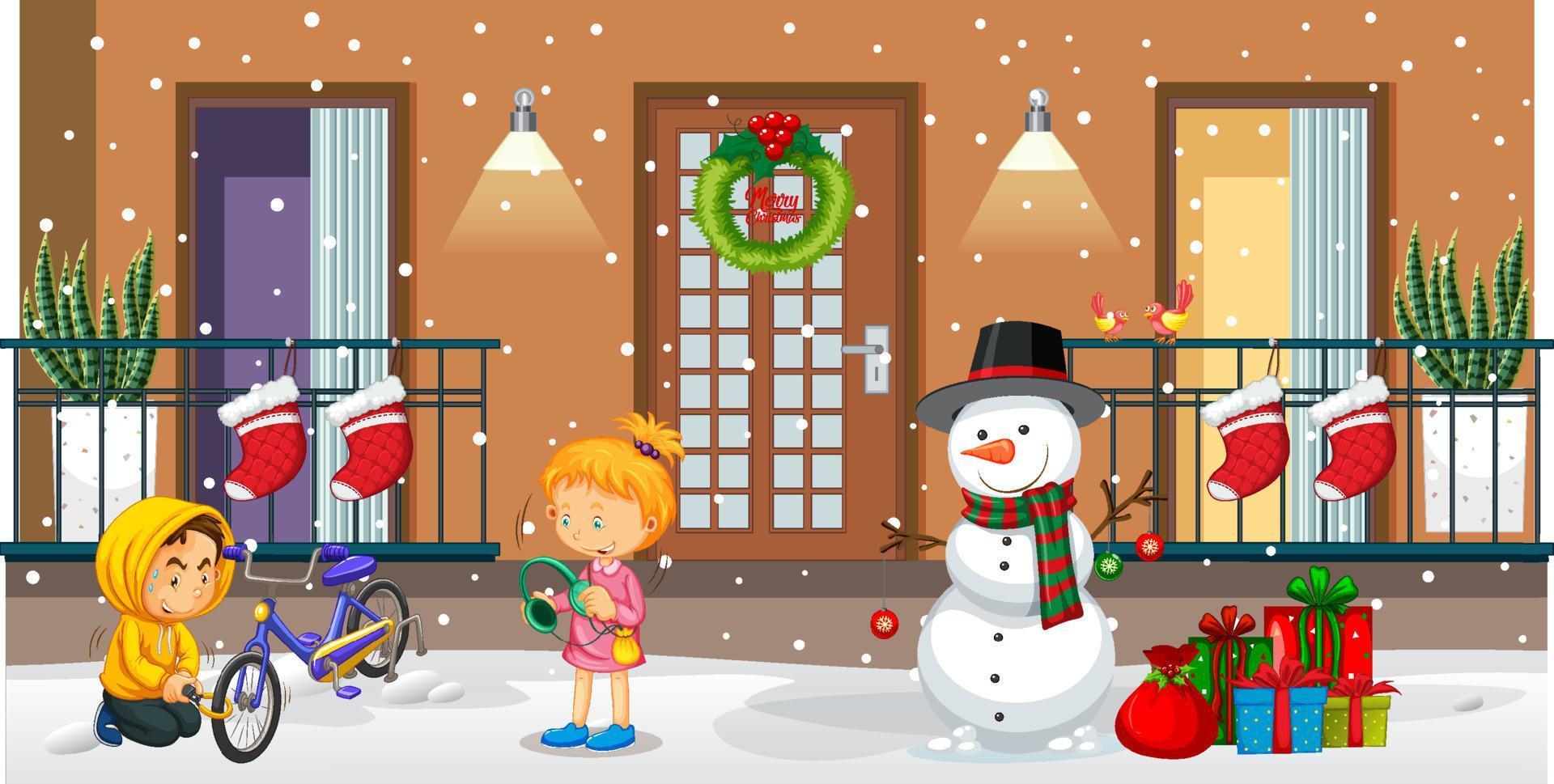 Outdoor scene with people and snowman in Christmas theme vector