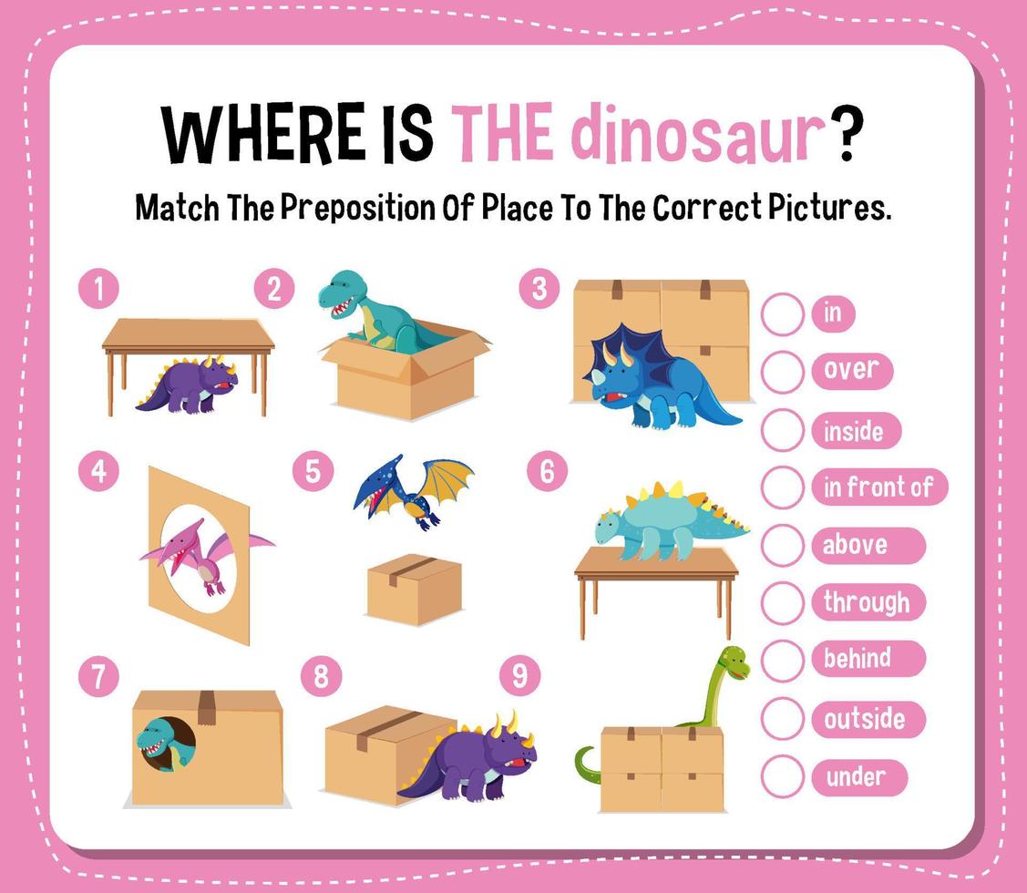 Preposition wordcard with dinosaurs and boxes vector