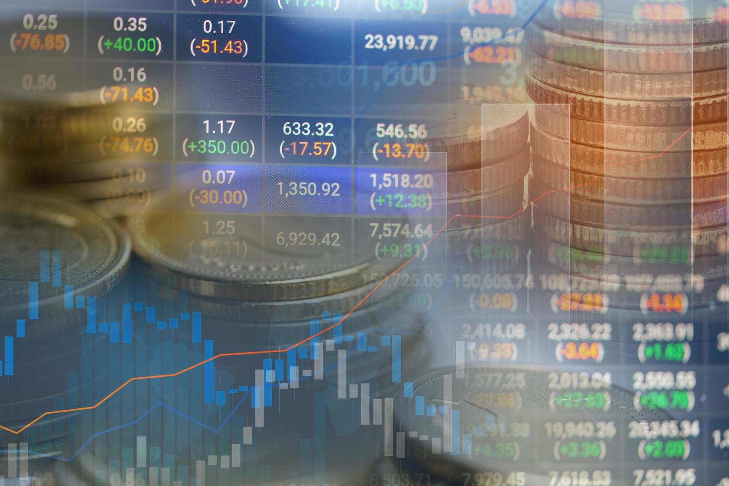 Stock market investment trading financial, coin and graph chart or Forex for analyze profit finance business trend data background. photo