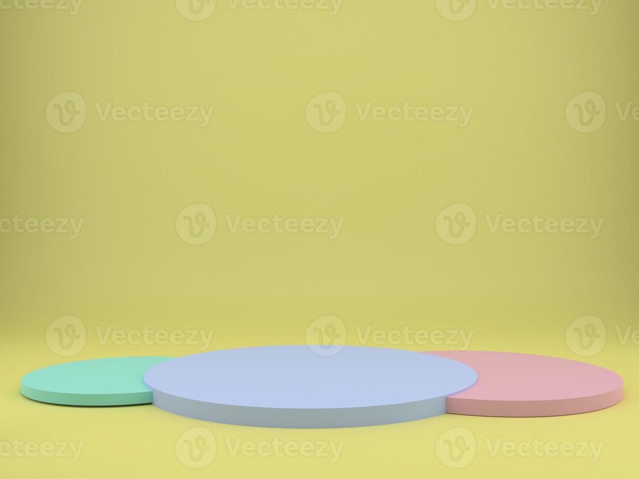 3d rendering studio with geometric shapes, podium on the floor. Platforms for product presentation, mock up background. photo