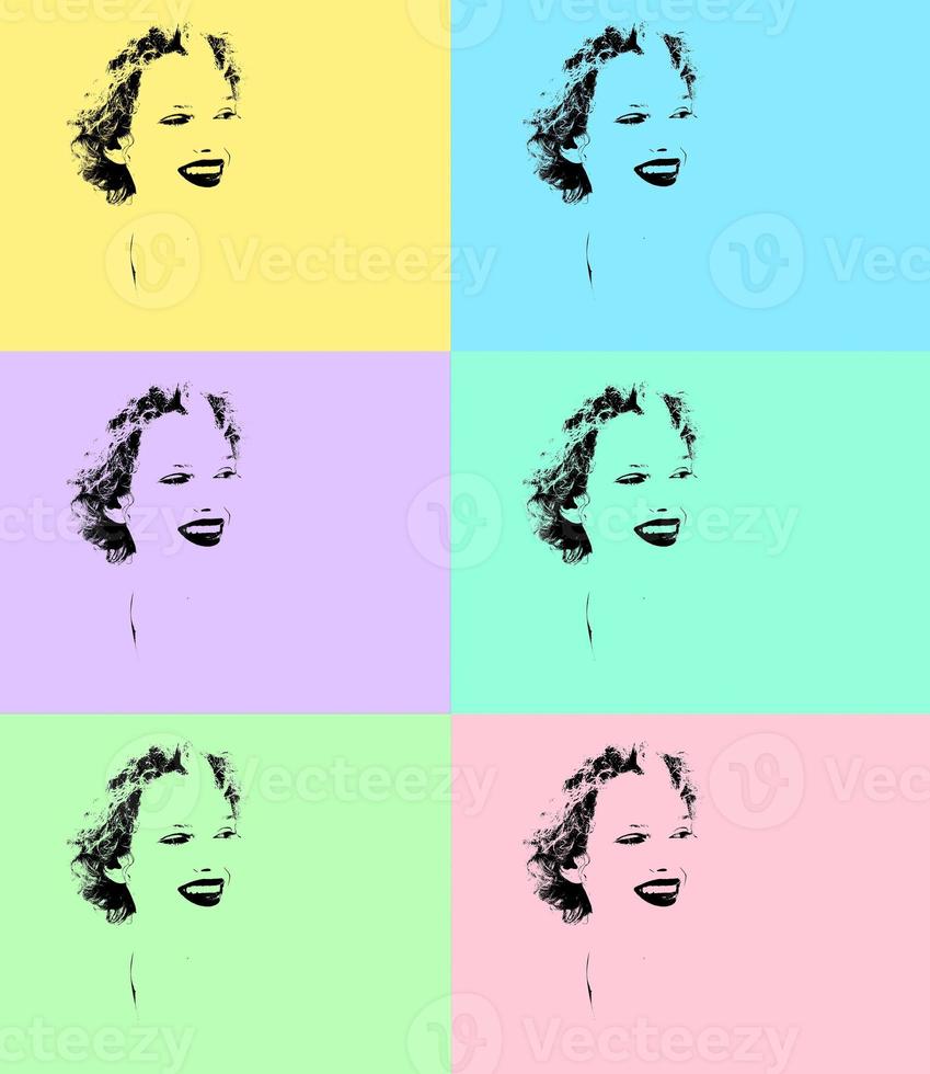 Photo of smiling girl stylized as pop art colorful poster