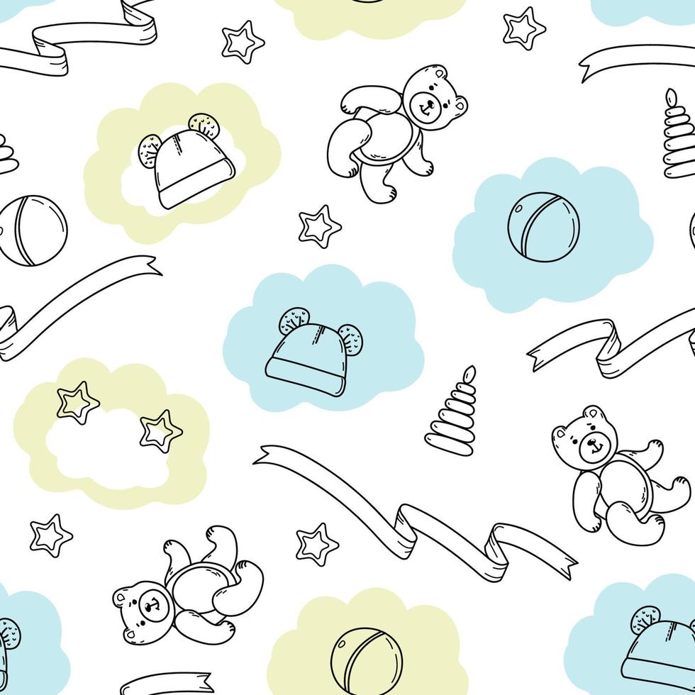 Seamless pattern of hand drawn baby BOY. Cartoon sketch style doodle for icon, banner. Elements little baby clothes. vector