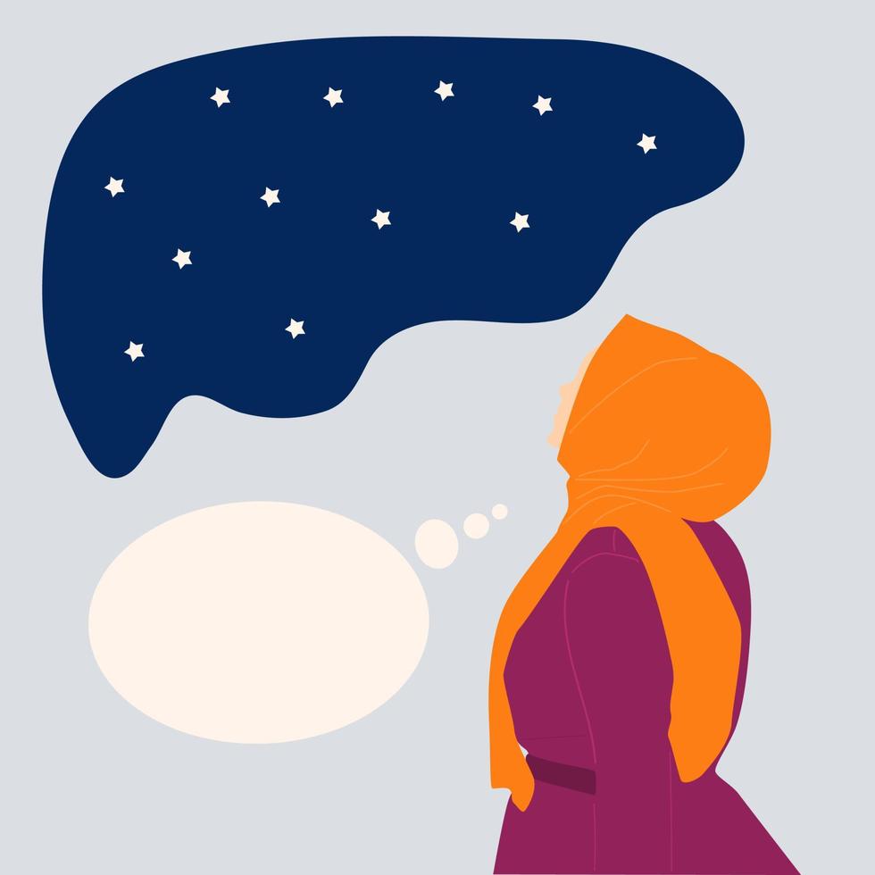 muslim woman staring at the night sky with bubble speech flat illustration vector