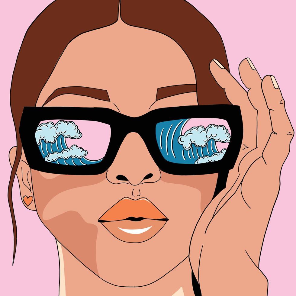 Girl in sunglasses. Reflection of the sea in glasses. Vector illustration