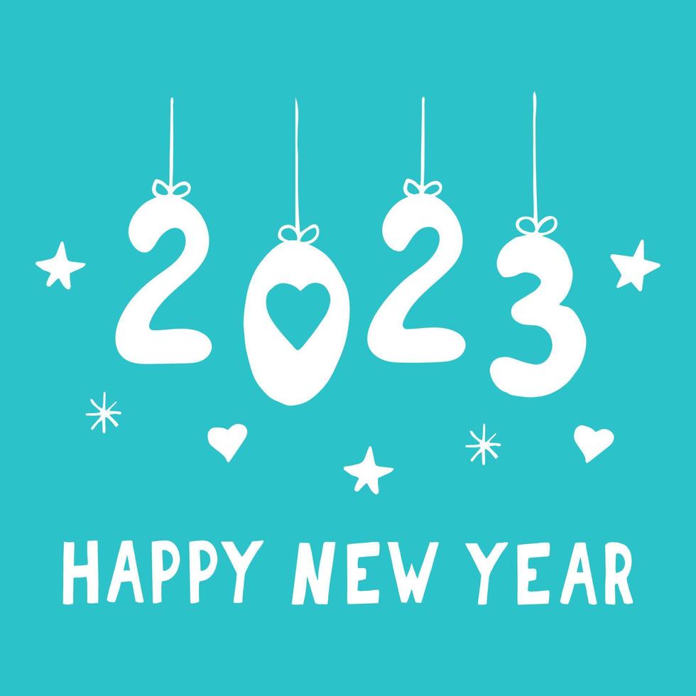 2023 happy new year, hearts, stars and snowflakes on blue background. card template hand drawn in doodle style. banner, poster. holiday. vector