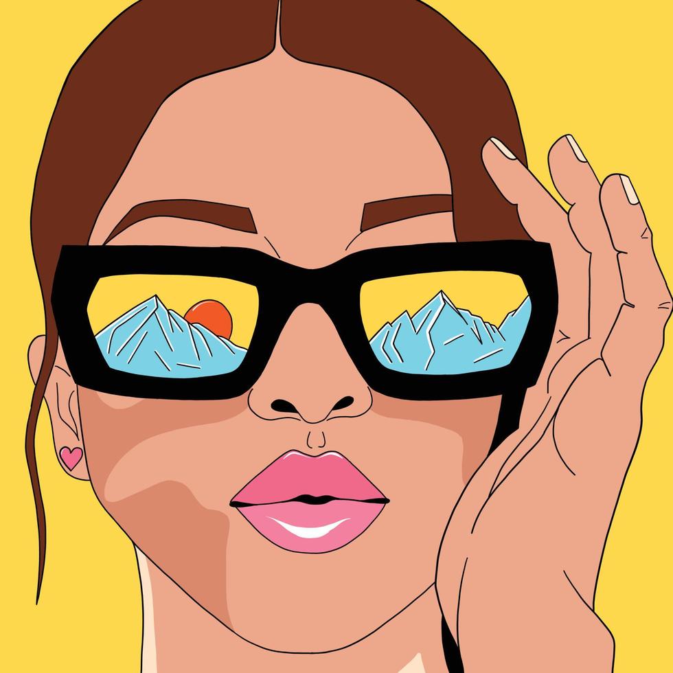 chica con gafas de sol. reflejo de montañas en copas. ilustración vectorial vector