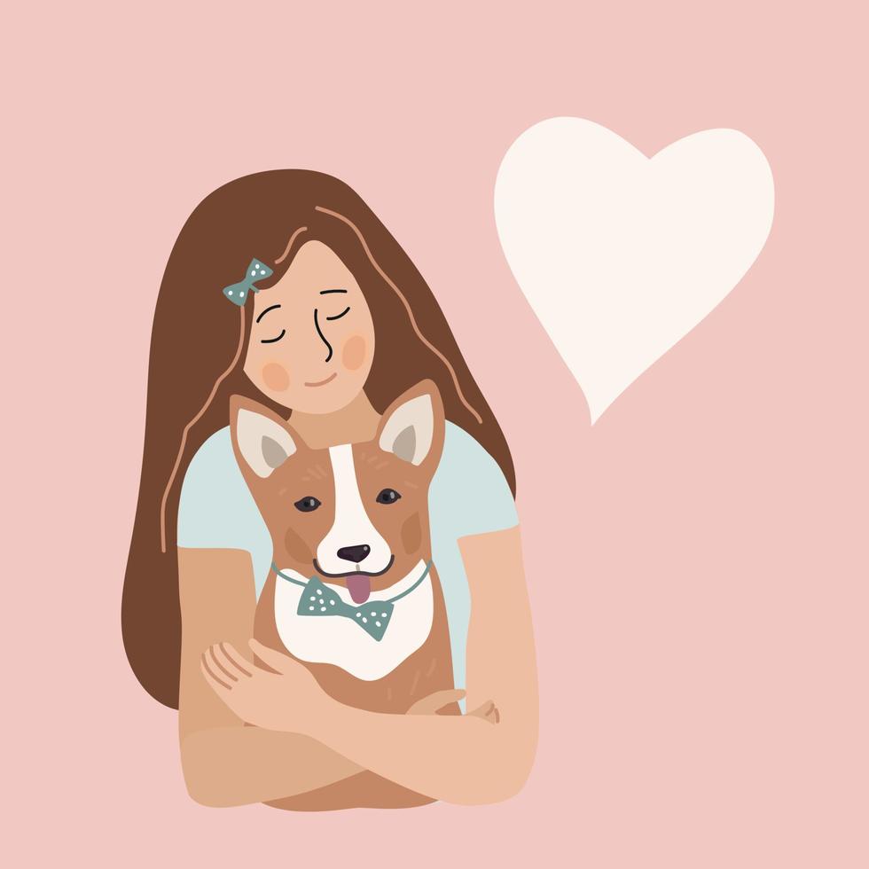 Girl hugs corgi puppy. Pet lover card. Cartoon vector design.