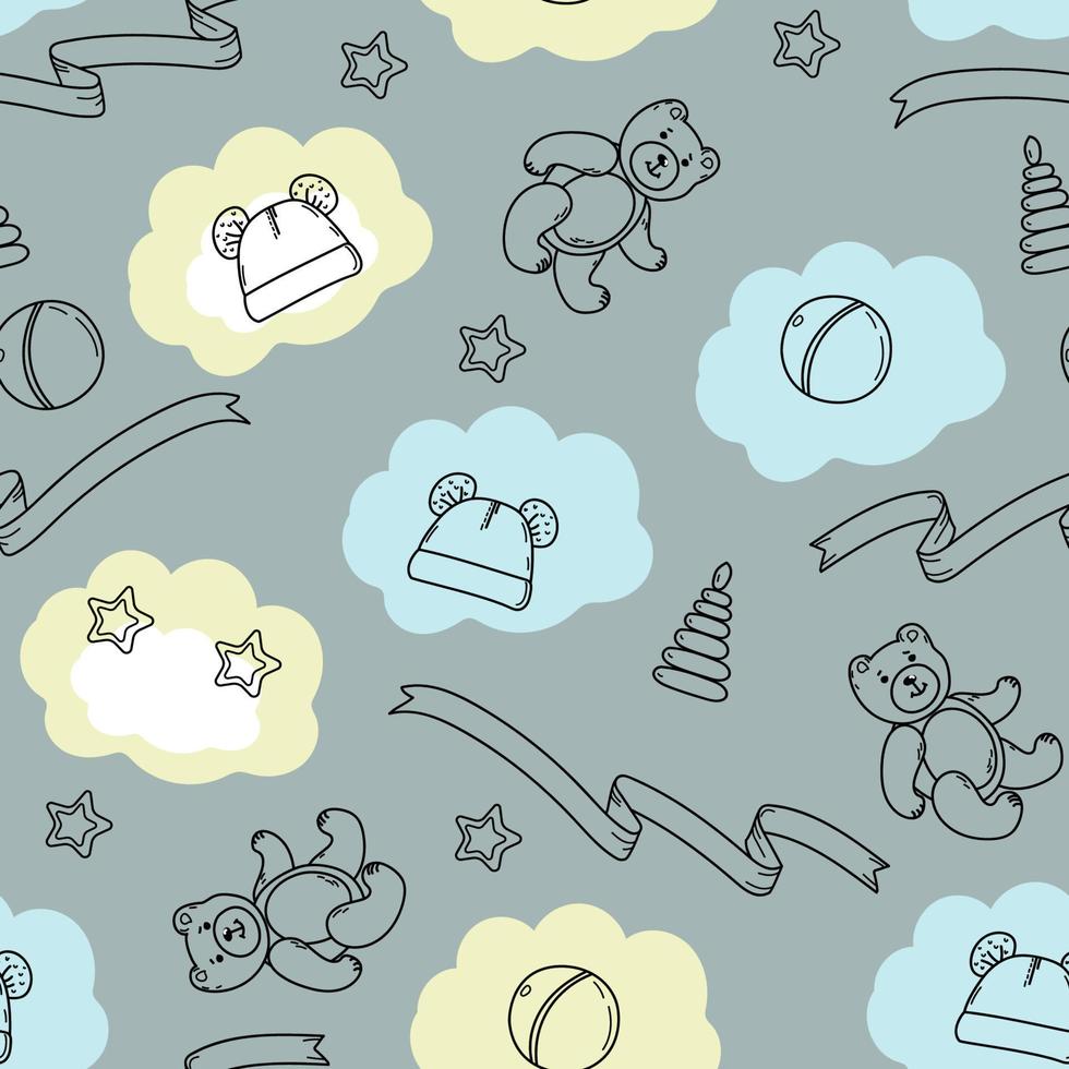 Seamless pattern of hand drawn baby BOY. Cartoon sketch style doodle for icon, banner. Elements little baby clothes. vector