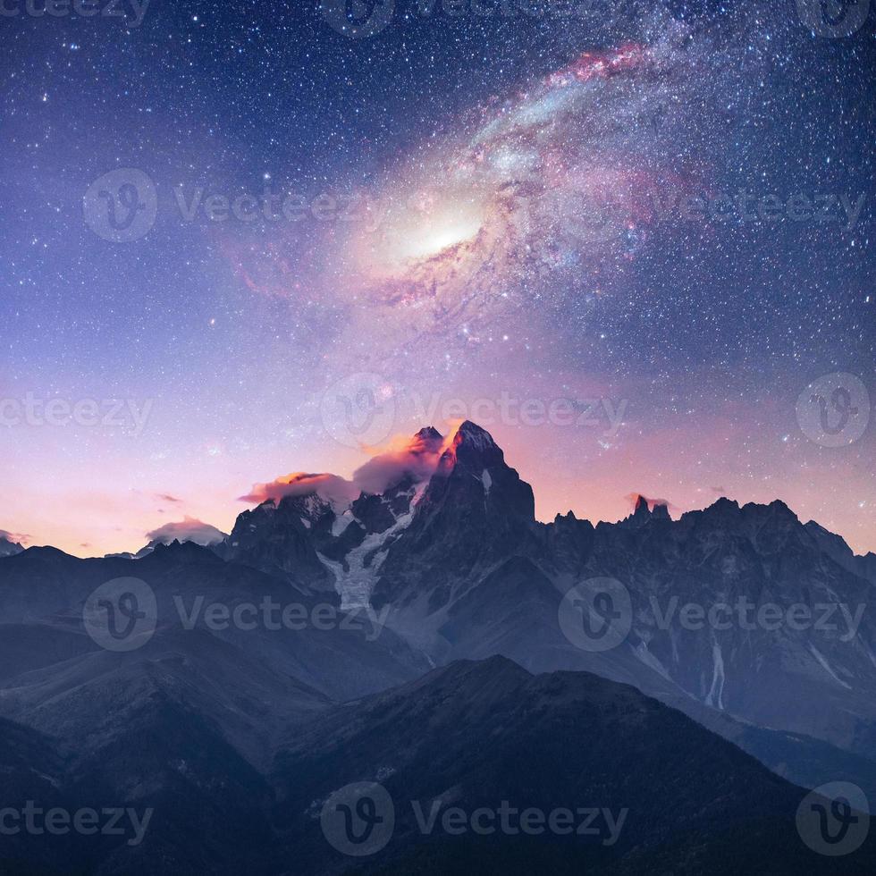 Fantastic starry sky. Snow-capped peaks. Main Caucasian Ridge. Courtesy of NASA. Mountain View from Mount Ushba Meyer, Georgia. Europe photo