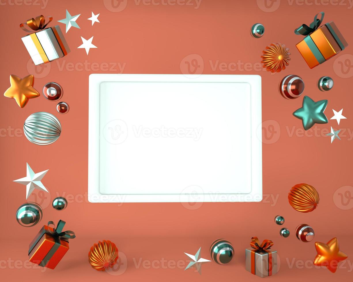 Christmas frame made of festive decorations, gift boxes. Christmas background. 3d rendering. photo