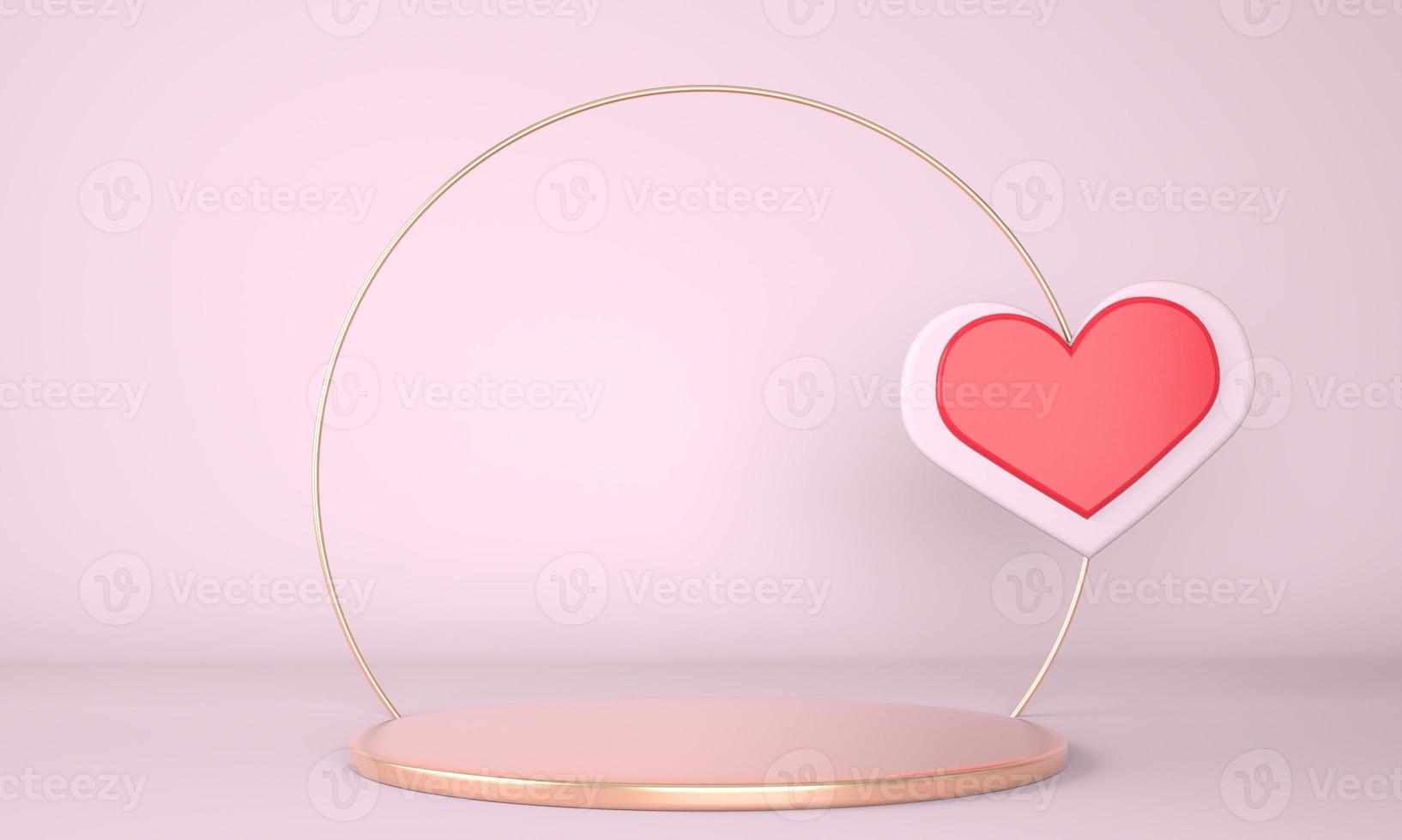 Valentine's Day interior with pedestal, hearts. Stand, podium, pedestal for goods. Love greeting card. 3d photo