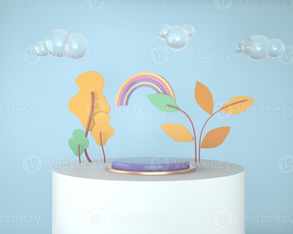 Abstract backdrop for product display, podium with trees and plants, 3d illustration photo