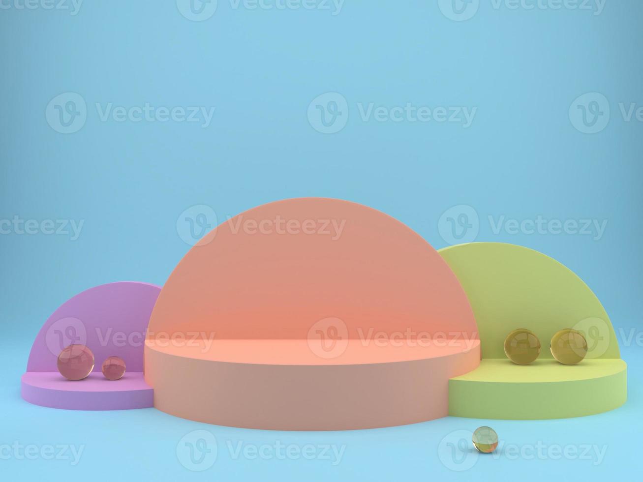 3d rendering studio with geometric shapes, podium on the floor. Platforms for product presentation, mock up background. photo