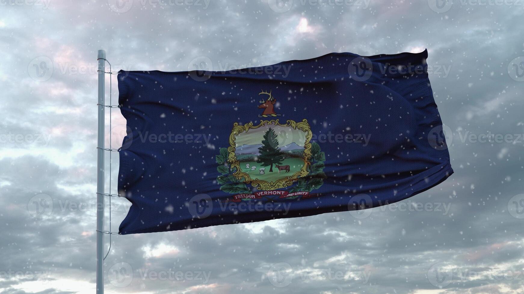 bandera de invierno de vermont con fondo de copos de nieve. Estados Unidos de América. representación 3d foto