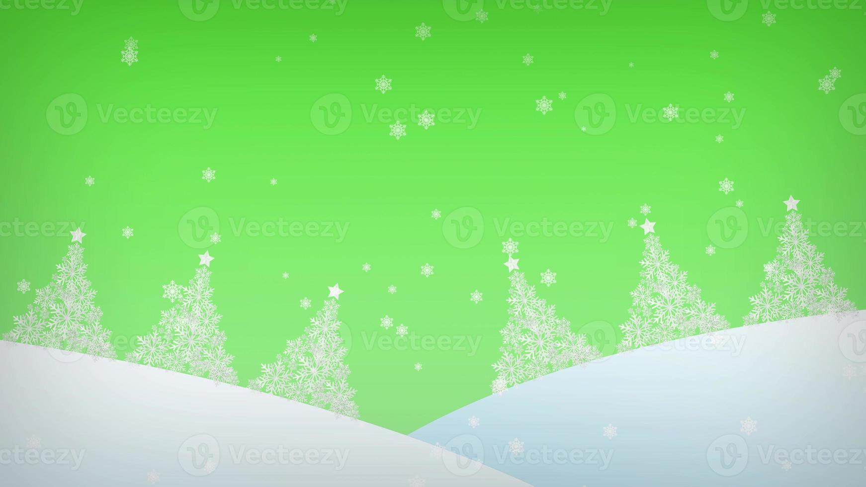 tarjeta de felicitación con árboles de navidad. feliz navidad y feliz año nuevo concepto. nevadas de invierno sobre un fondo verde. representación 3d foto