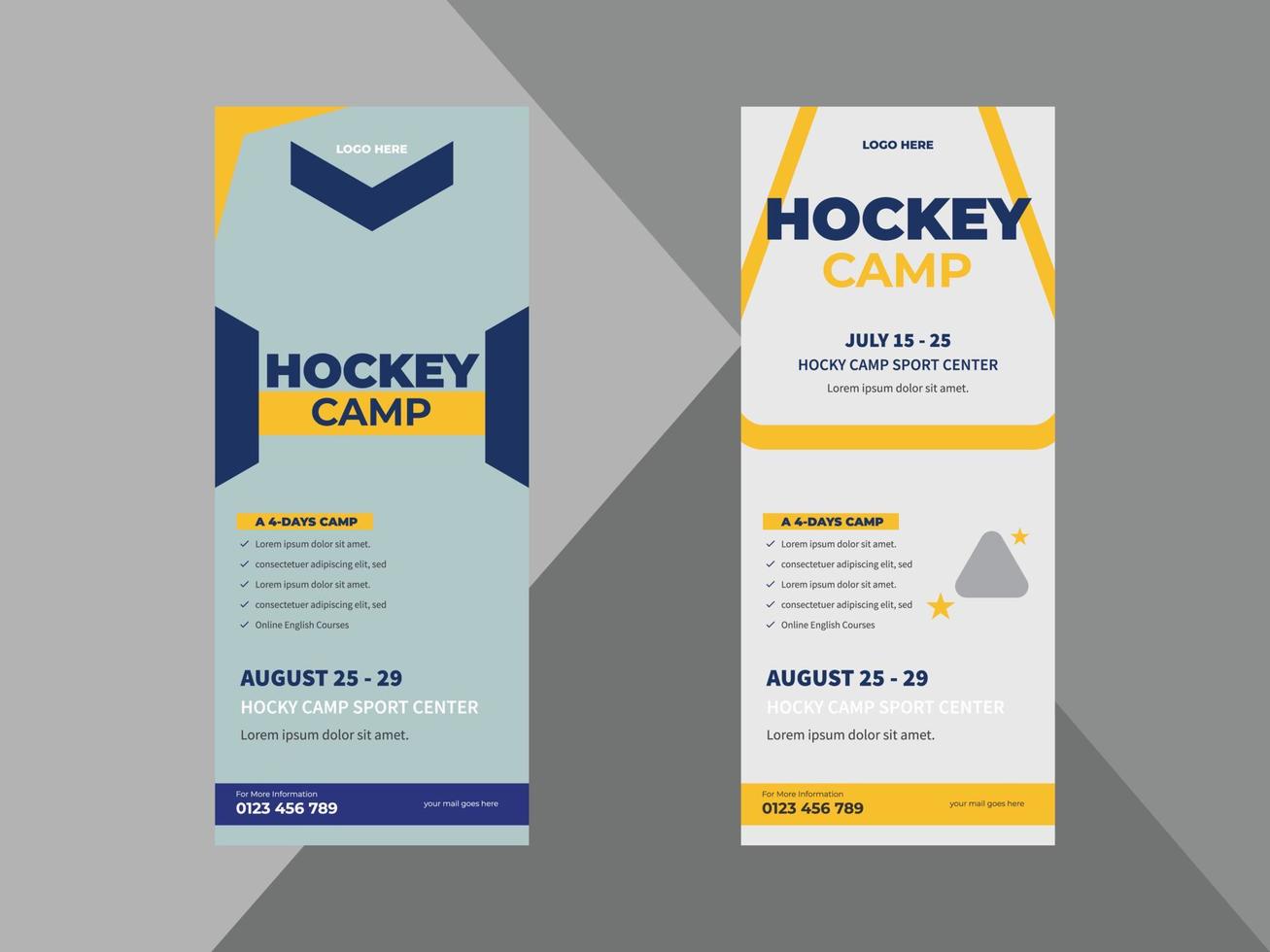 plantilla de diseño de banner enrollable del campamento de hockey. diseño de folletos de carteles de eventos deportivos. folleto de deportes de hockey. cubierta, pancarta enrollable, póster, listo para imprimir vector