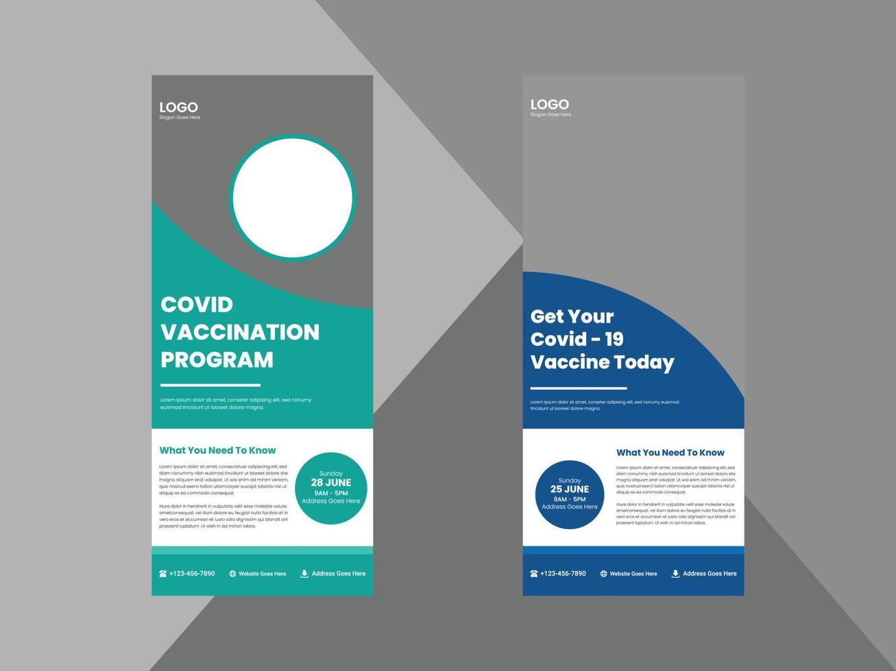 covid-19 vaccination program roll up banner design template. coronavirus vaccination poster leaflet design. cover, roll up banner, poster, print-ready vector