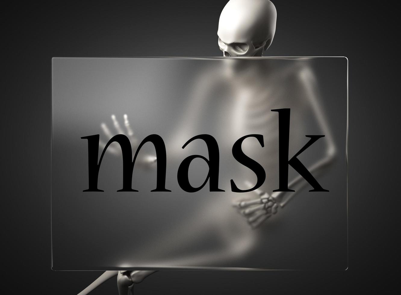 mask word on glass and skeleton photo