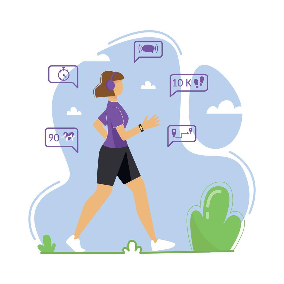 A young woman is engaged in walking in the fresh air. A woman wears a fitness tracker, pedometer. Vector illustration.