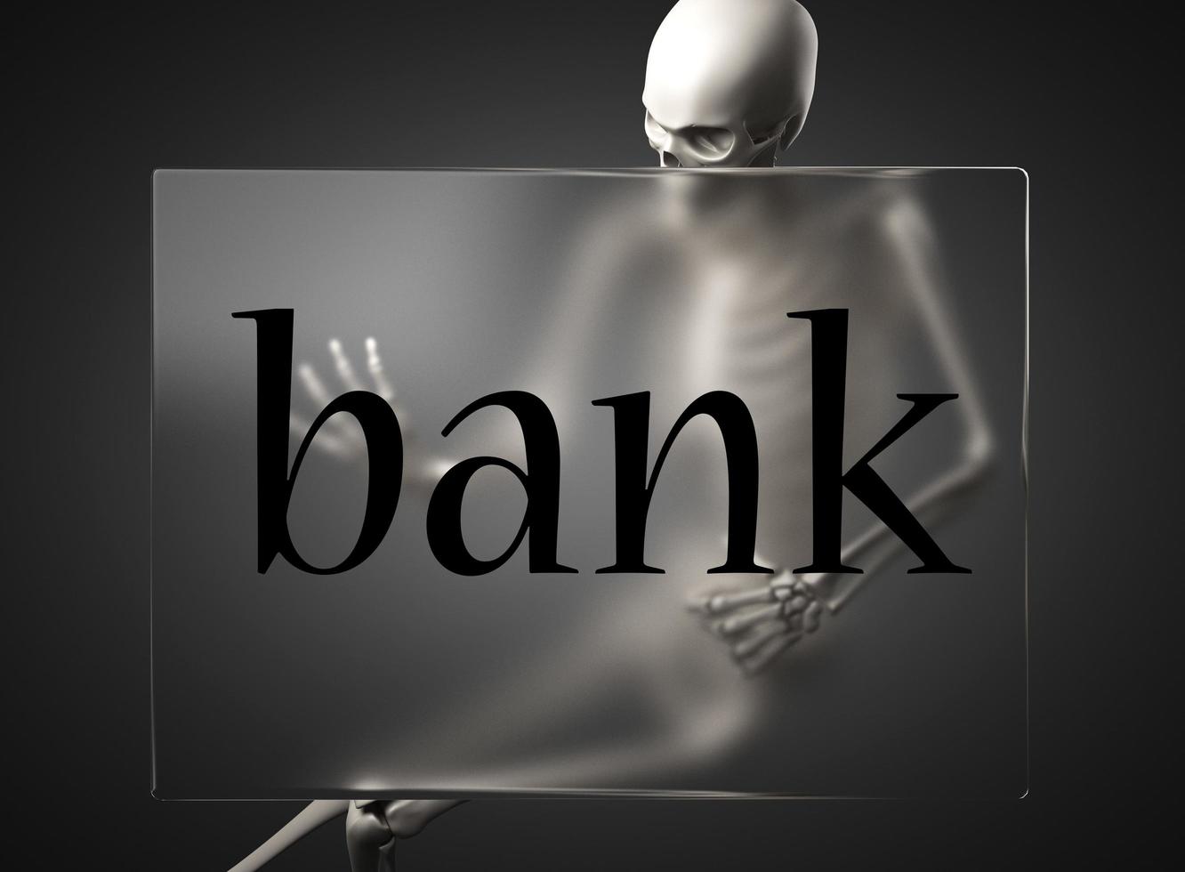 palabra bancaria sobre vidrio y esqueleto foto