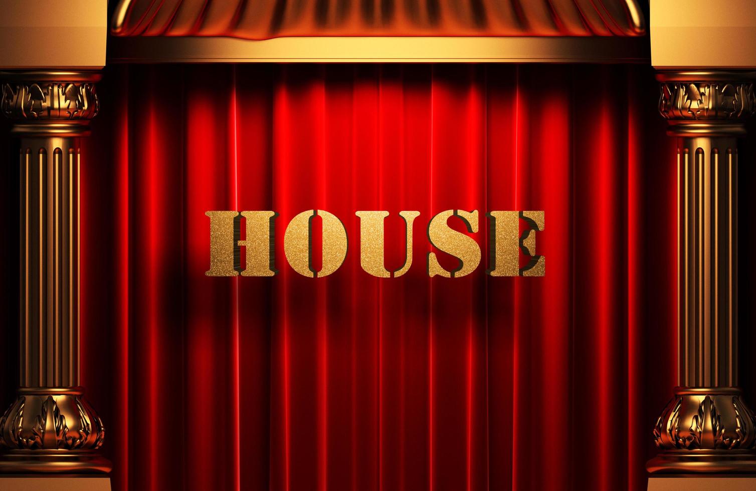 house golden word on red curtain photo