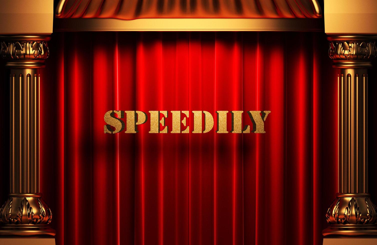 speedily golden word on red curtain photo