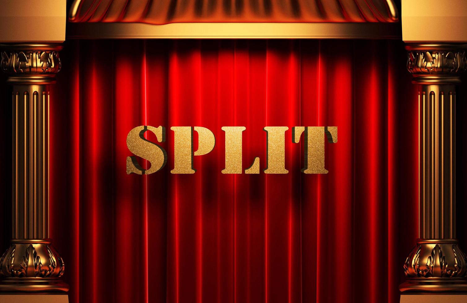 split golden word on red curtain photo