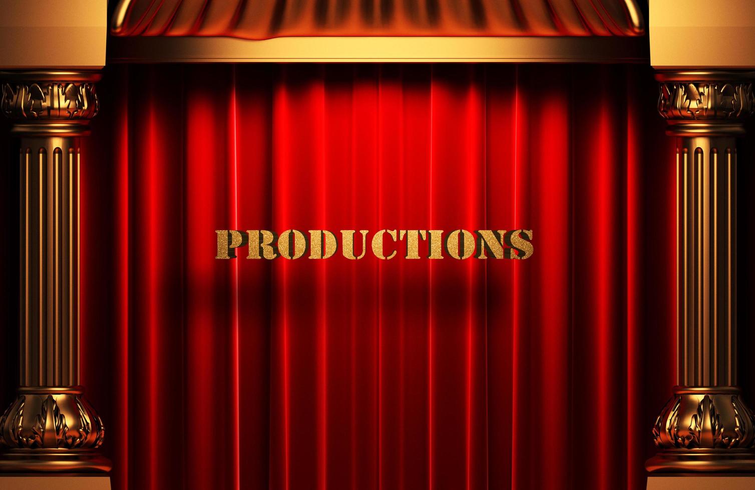 productions golden word on red curtain photo