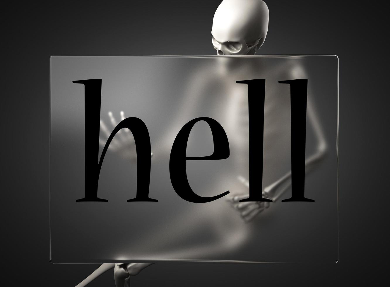 hell word on glass and skeleton photo