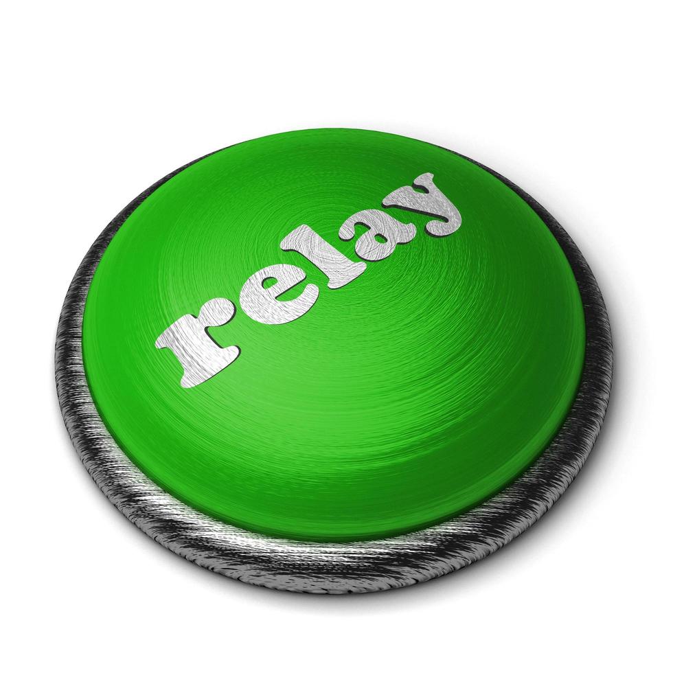 relay word on green button isolated on white photo