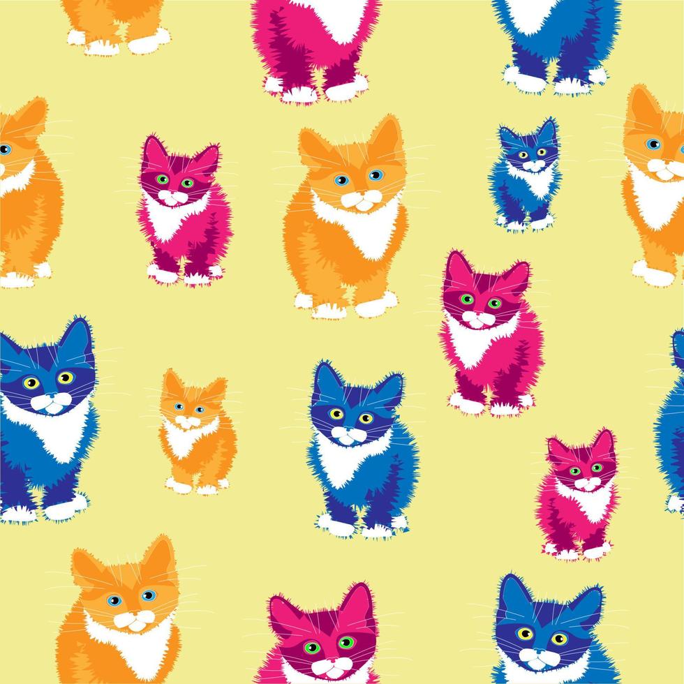 patrón sin costuras de gatitos de tres colores sobre fondo pastel suave vector