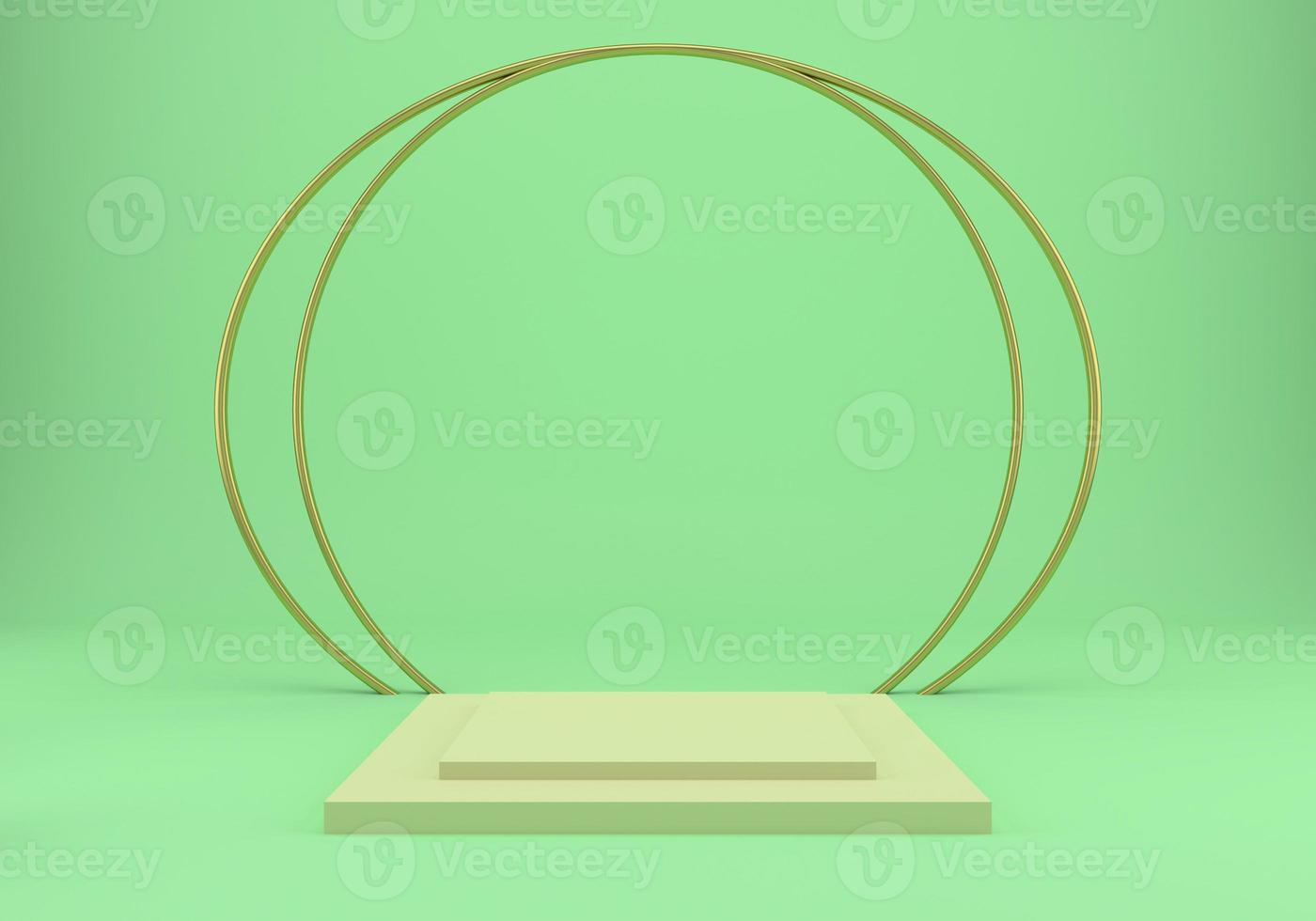 3d rendering studio with geometric shapes, podium on the floor. Platforms for product presentation, mock up background. photo
