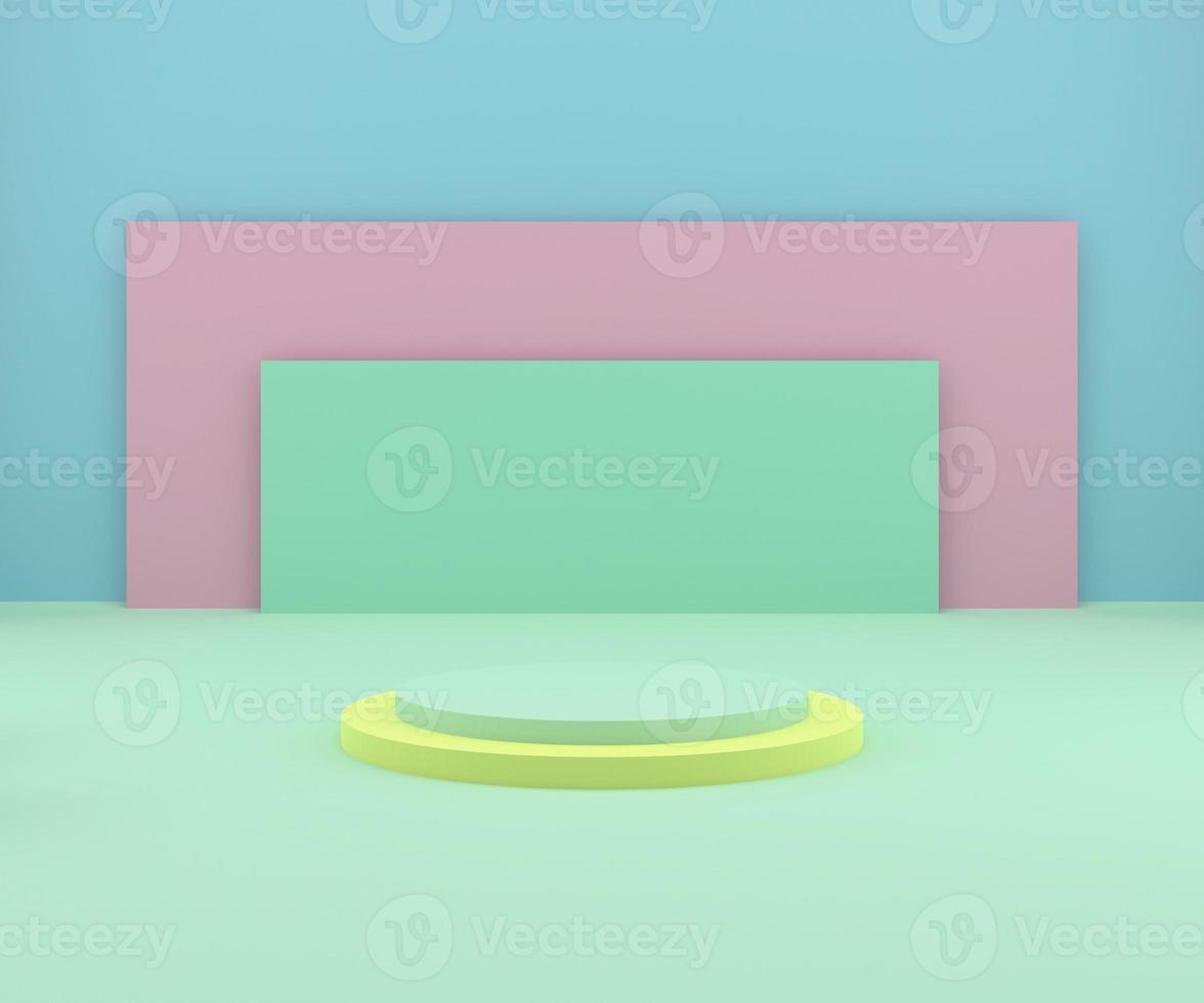 3d rendering studio with geometric shapes, podium on the floor. Platforms for product presentation, mock up background. photo