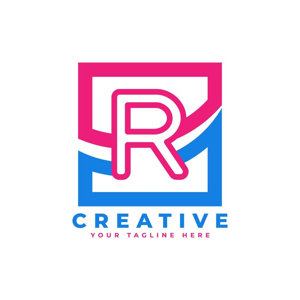 logotipo de la letra r de la corporación con diseño cuadrado y swoosh y elemento de plantilla de vector de color rosa azul