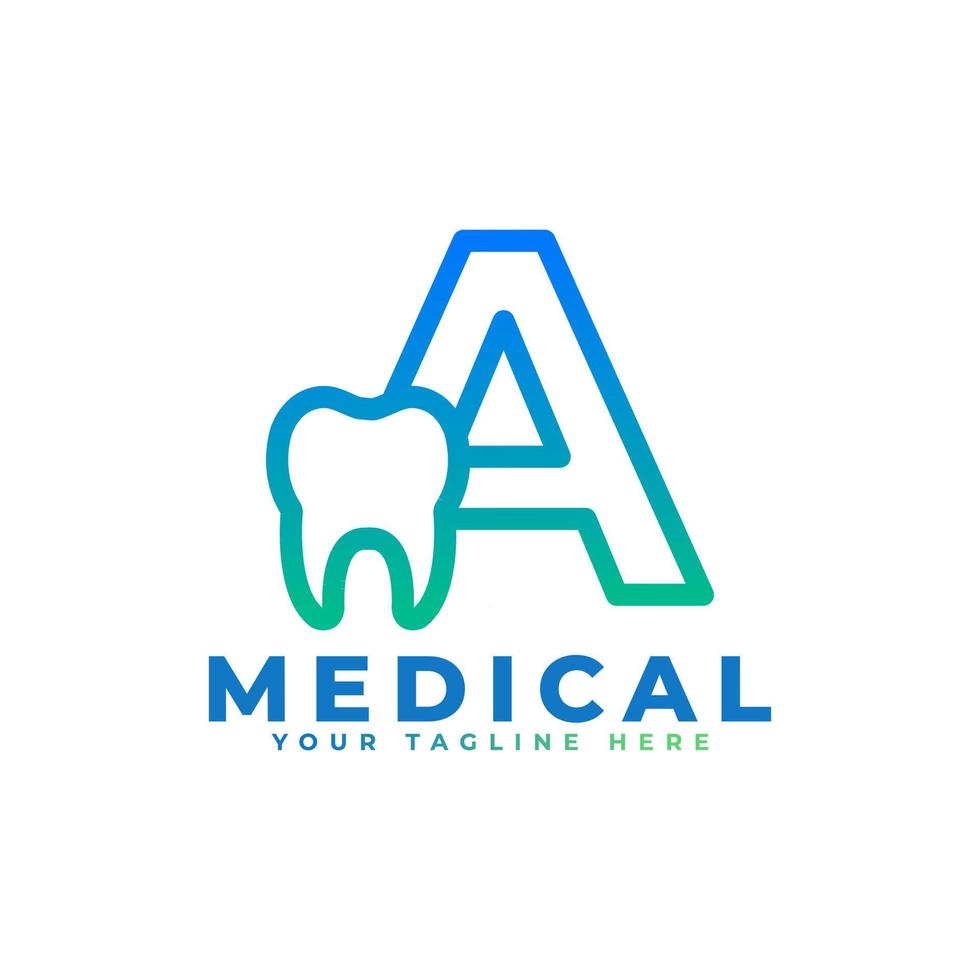 logotipo de la clínica dental. letra de forma lineal azul unida con símbolo de diente en el interior. utilizable para dentista, atención dental y logotipos médicos. elemento de plantilla de ideas de diseño de logotipo de vector plano.