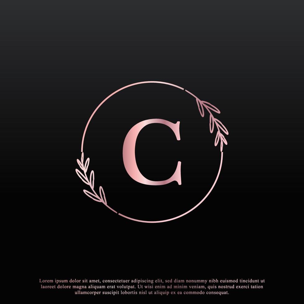 elegante logotipo floral del círculo de letras c con línea de rama de monograma de hoja elegante creativa y color negro rosa. utilizable para logotipos de negocios, moda, cosméticos, spa, ciencia, medicina y naturaleza. vector