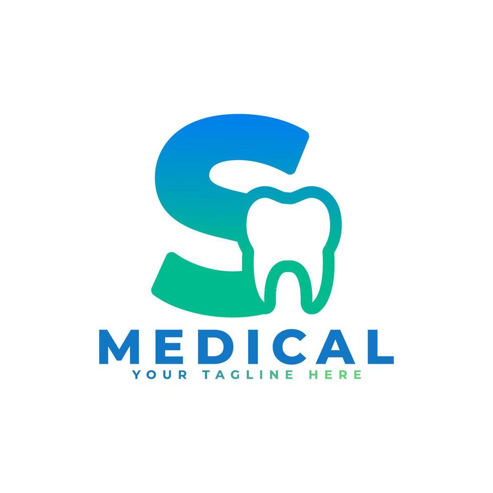 Dental Clinic Logo. Blue Shape Initial Letter S Linked with Tooth Symbol inside. Usable for Dentist, Dental Care and Medical Logos. Flat Vector Logo Design Ideas Template Element.