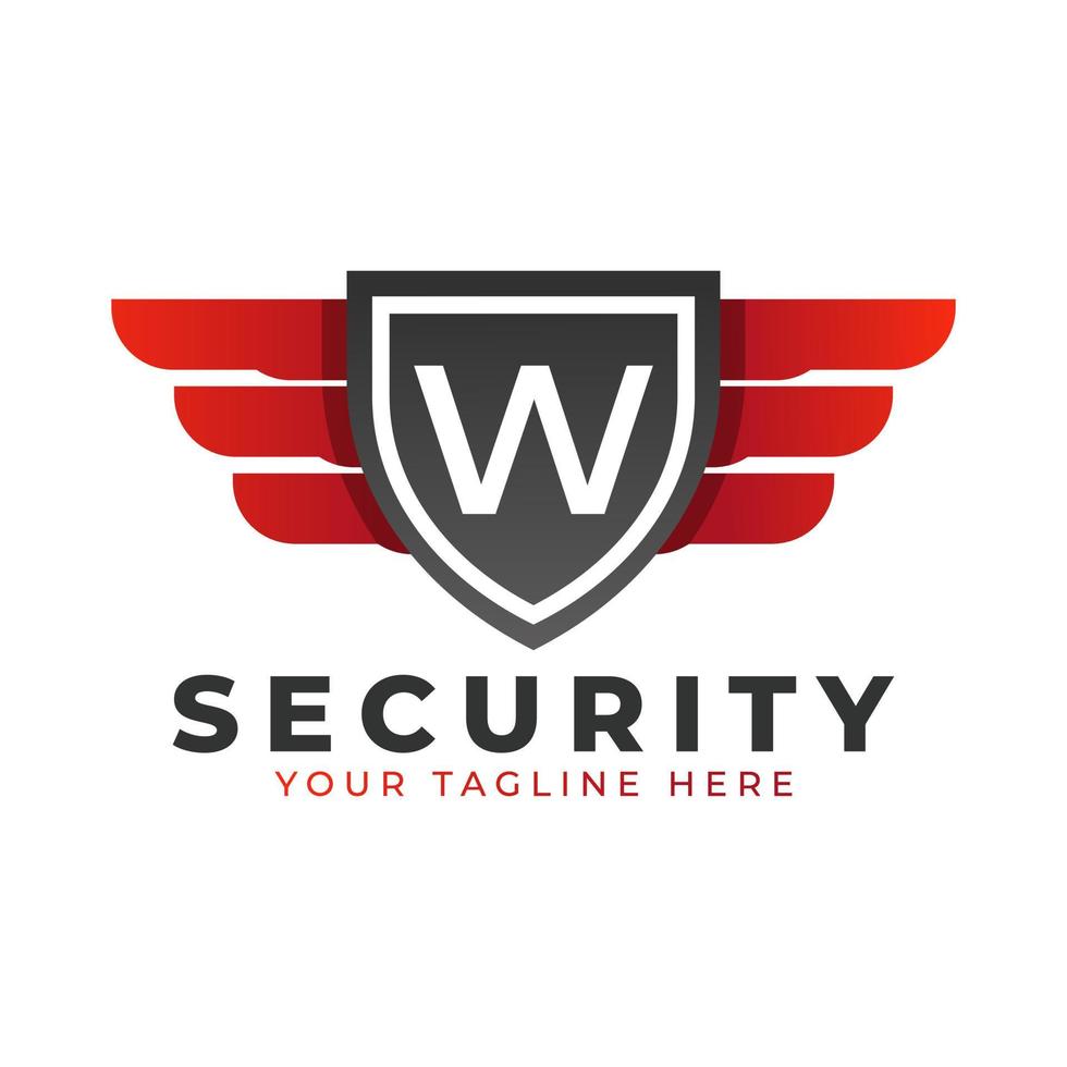 logotipo de seguridad. w inicial con alas e icono de escudo. plantilla de logotipo de vector de coche y automoción