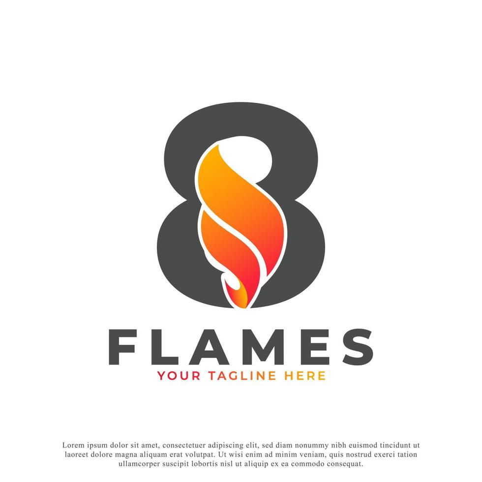 Flame with Number 8 Logo Design. Fire Vector Logo Template