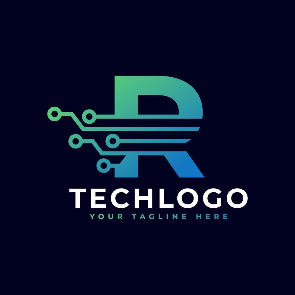 logotipo de la letra r de tecnología. plantilla de logotipo vectorial futurista con color degradado verde y azul. forma geometrica. utilizable para logotipos de negocios y tecnología. vector