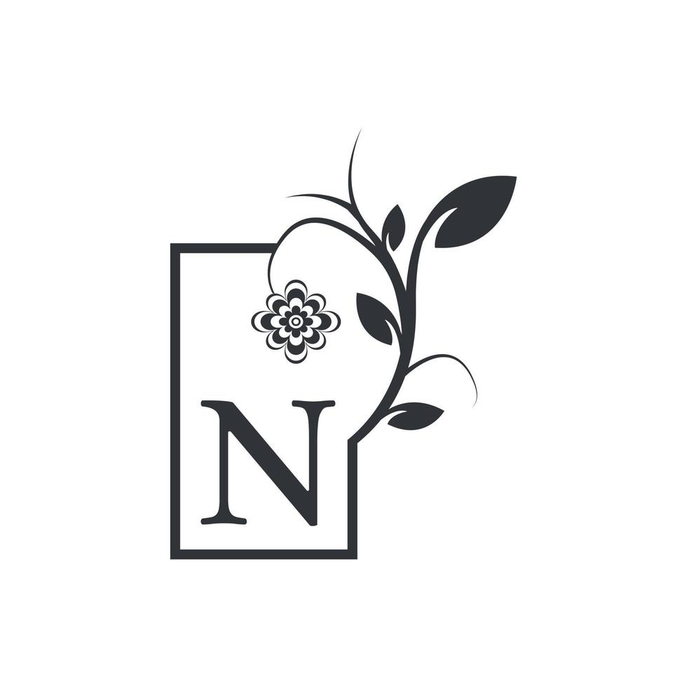 Elegant N Luxury Logo Square Frame Badge. Floral with Flowers Leaves. Perfect for Fashion, Jewelry, Beauty Salon, Cosmetics, Spa, Boutique, Wedding, Letter Stamp, Hotel and Restaurant Logo. vector