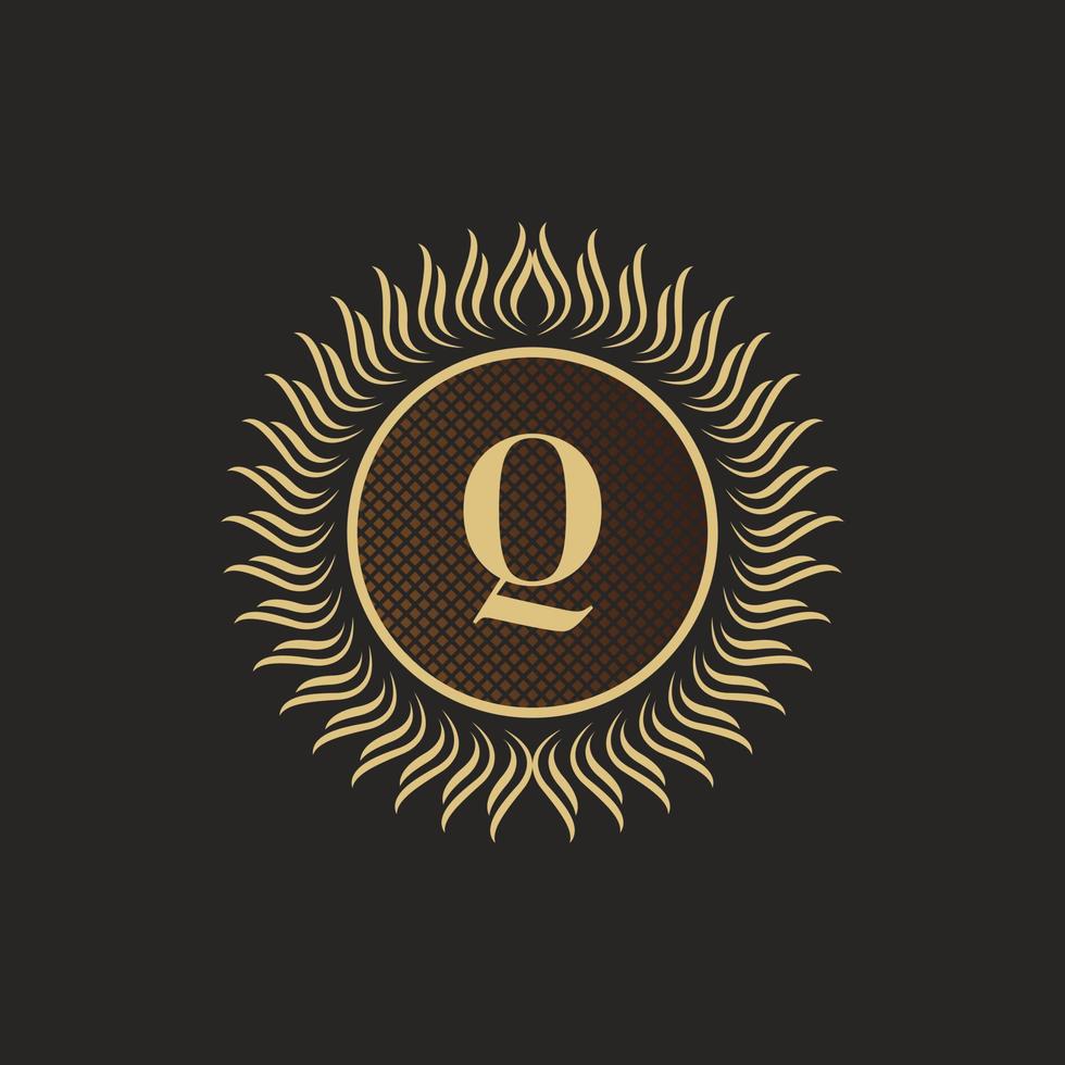 Emblem Letter Q Gold Monogram Design. Luxury Volumetric Logo Template. 3D Line Ornament for Business Sign, Badge, Crest, Label, Boutique Brand, Hotel, Restaurant, Heraldic. Vector Illustration