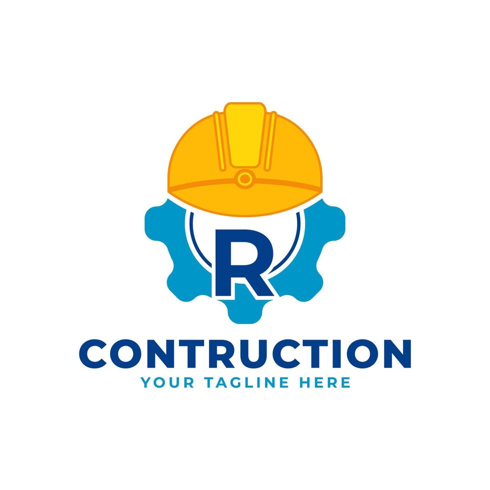 letra inicial r con equipo y casco. concepto de logotipo de construcción e ingeniería vector