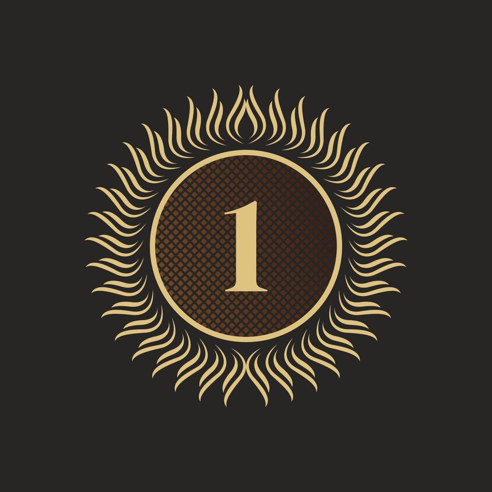 Emblem Number 1 Gold Monogram Design. Luxury Volumetric Logo Template. 3D Line Ornament for Business Sign, Badge, Crest, Label, Boutique Brand, Hotel, Restaurant, Heraldic. Vector Illustration