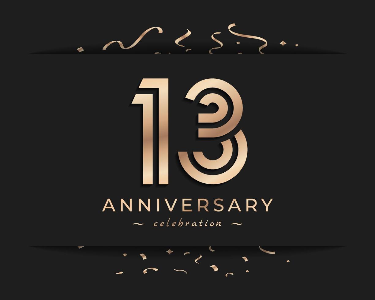 13 Year Anniversary Celebration Logotype Style Design. Happy Anniversary Greeting Celebrates Event with Golden Multiple Line and Confetti Isolated on Dark Background Design Illustration vector
