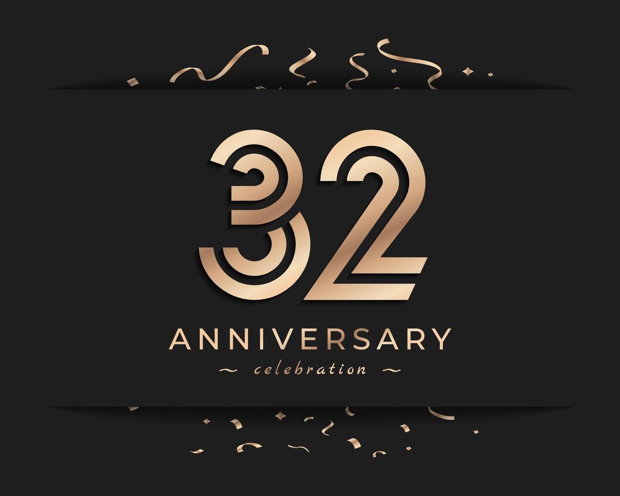 Diseño de estilo de logotipo de celebración de aniversario de 32 años. el saludo de feliz aniversario celebra el evento con múltiples líneas doradas y confeti aislado en la ilustración de diseño de fondo oscuro vector