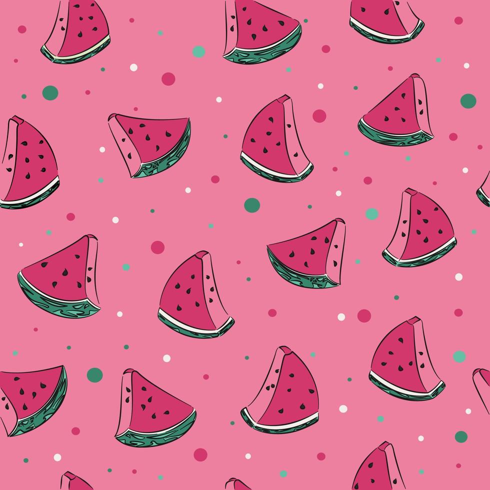 Cute, drawn kawaii watermelon seamless pattern with dotted background. Great for Spring or Summer fabric, scrap-booking, gift-wrap, wallpaper, product design. Vector